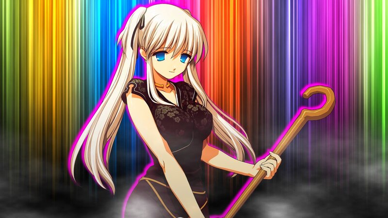 Anime Girl with Staff — White, Dramatic, Rainbow Background