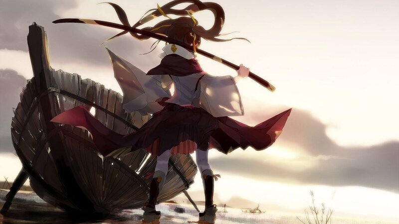 Anime Girl with Staff — White, Dramatic, Sunset