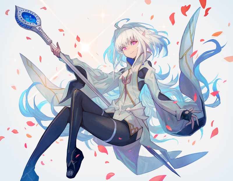 Anime Girl with Staff — White, Serene, Digital Art, Petals