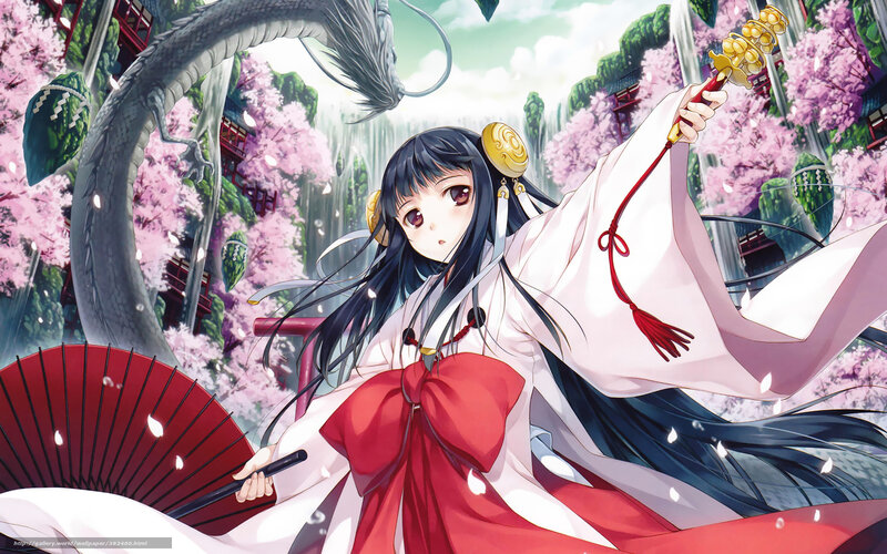 Anime Girl with Staff — White, Serene, Spring, Dragon