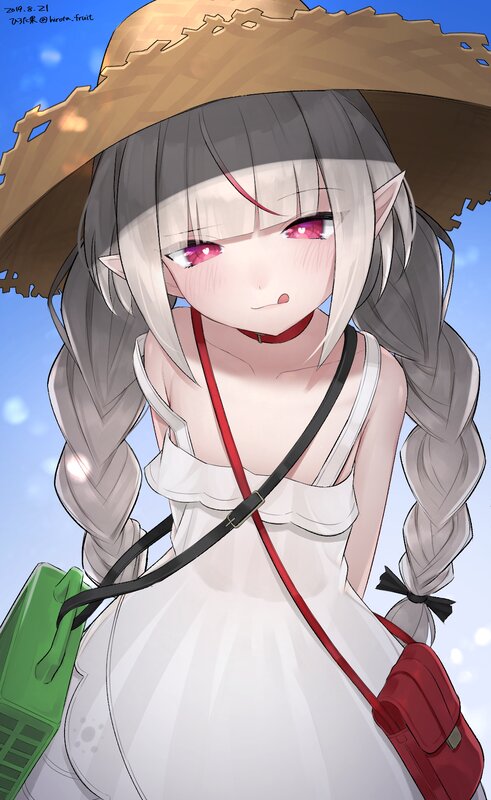 Anime Girl with Straw Hat — White, Calm