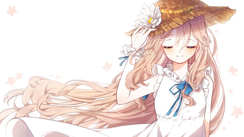 Anime Girl with Straw Hat — White