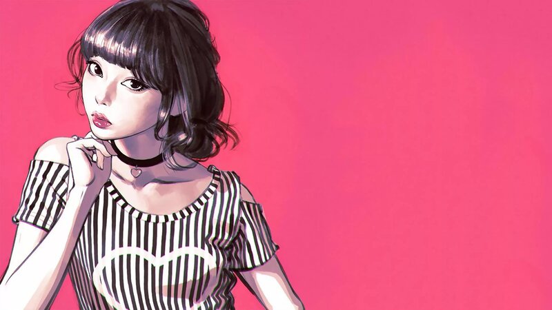 Anime Girl with Striped Shirt — Pink, Contemplative