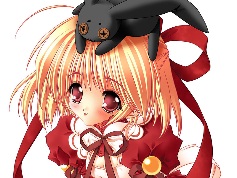 Anime Girl with Stuffed Animal — Red, Cute