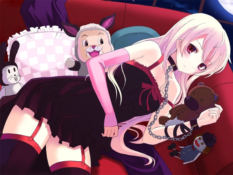 anime girl with stuffed animals