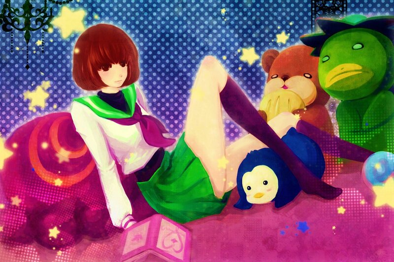 Anime girl with stuffed animals