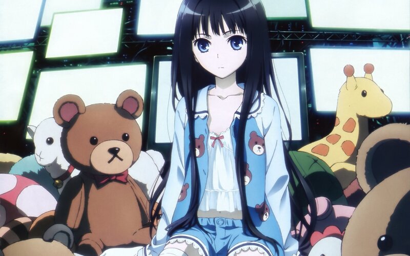 anime girl with stuffed animals