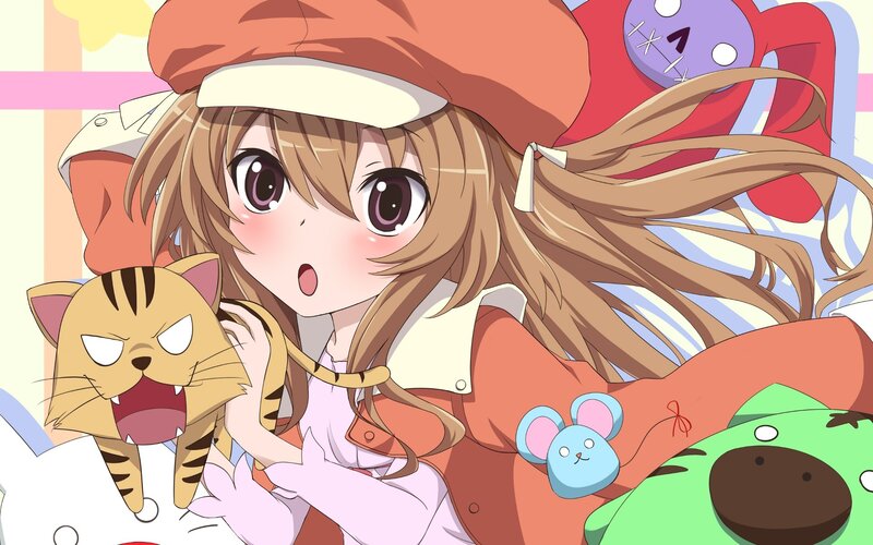 anime girl with stuffed animals