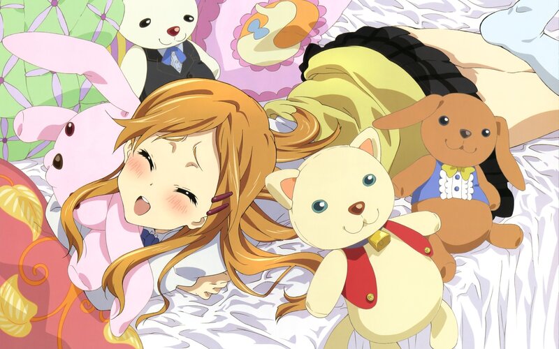Anime girl with stuffed animals