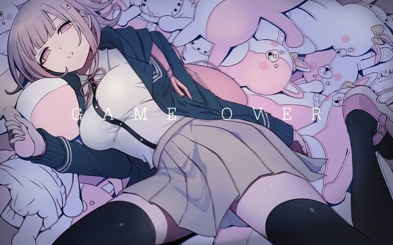 anime girl with stuffed animals