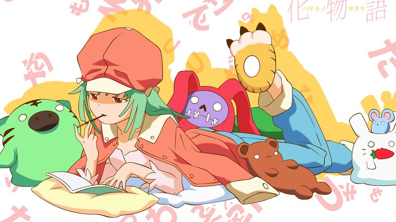 anime girl with stuffed animals