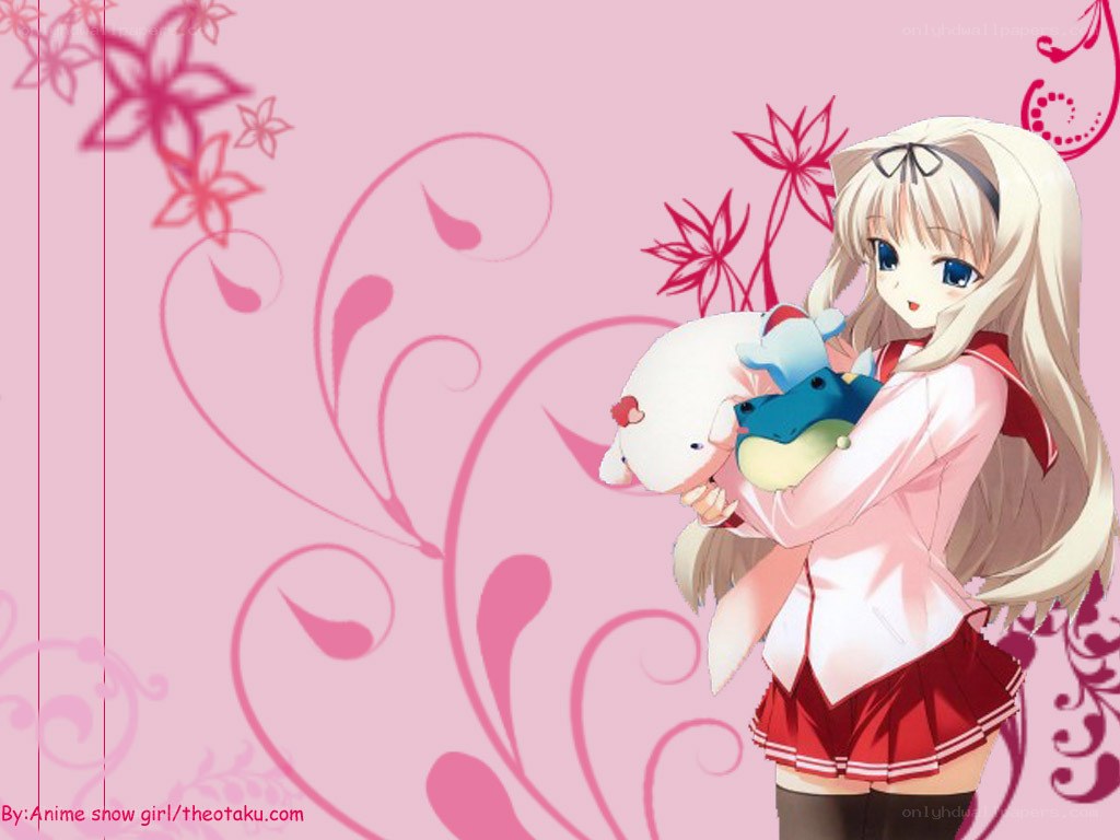 anime girl with stuffed animals