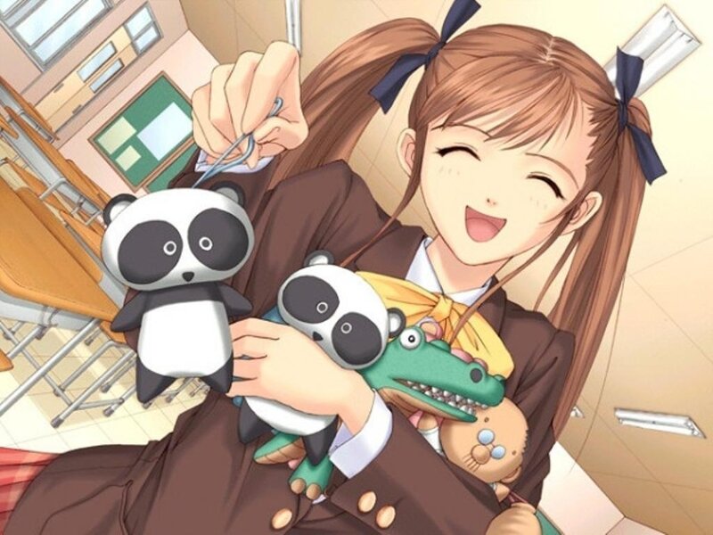 anime girl with stuffed animals