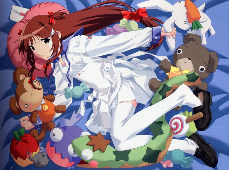 anime girl with stuffed animals