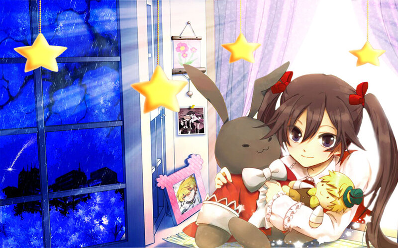 Anime Girl with Stuffed Animals — Blue, Calm