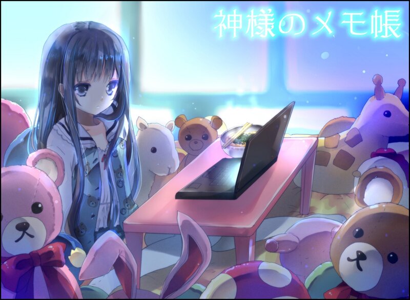 Anime Girl with Stuffed Animals — Blue