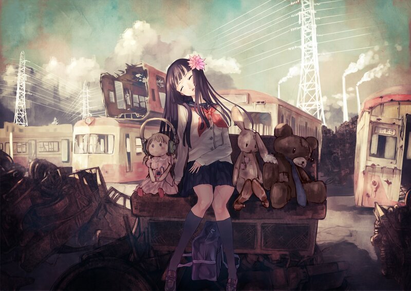Anime Girl with Stuffed Animals — Brown, Melancholic
