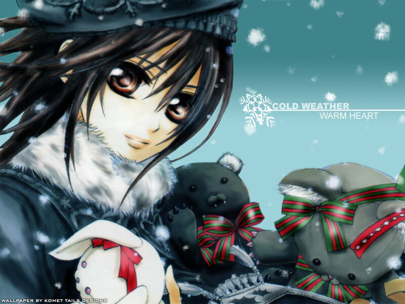 anime girl with stuffed animals in snow