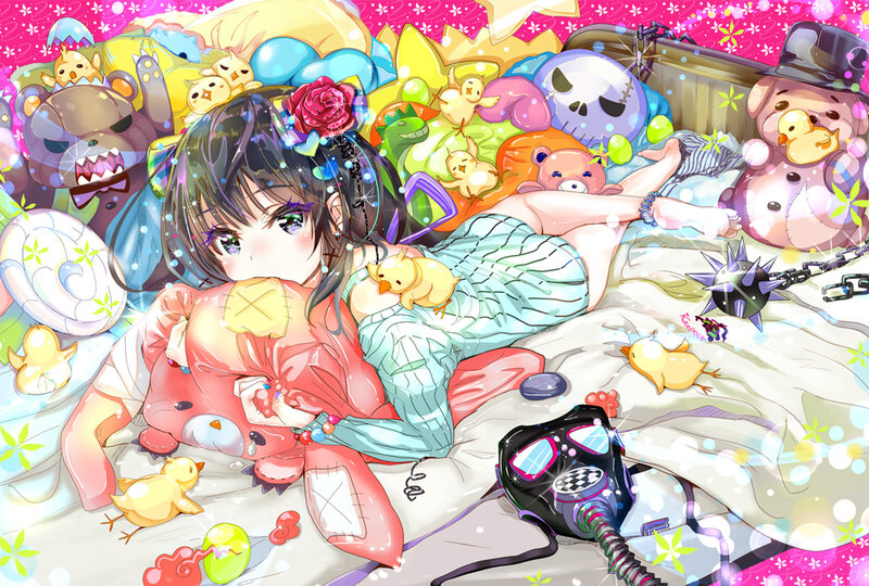 Anime Girl with Stuffed Animals — Pink, Chaotic, Digital Art