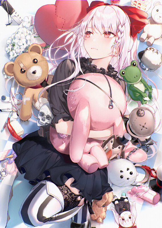 Anime Girl with Stuffed Animals — Pink, Playful, Digital Art