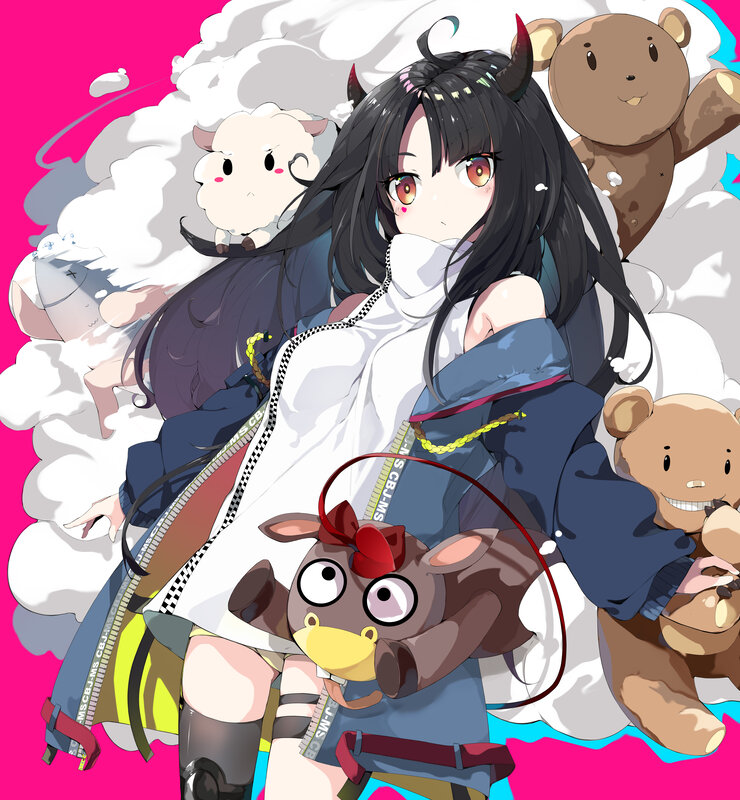 Anime Girl with Stuffed Animals — Pink, Playful