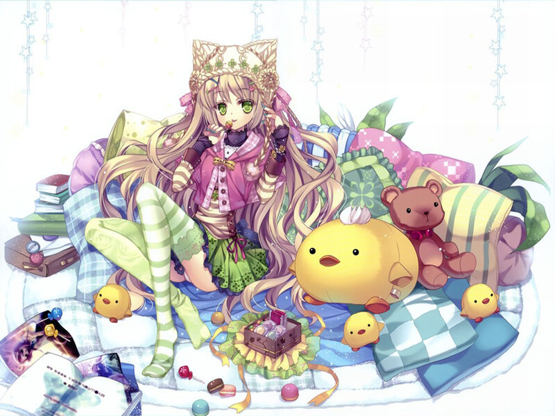 Anime Girl with Stuffed Animals — Pink