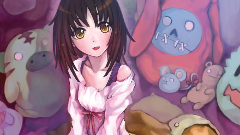 Anime Girl with Stuffed Animals — Purple, Dreamy, Digital Art