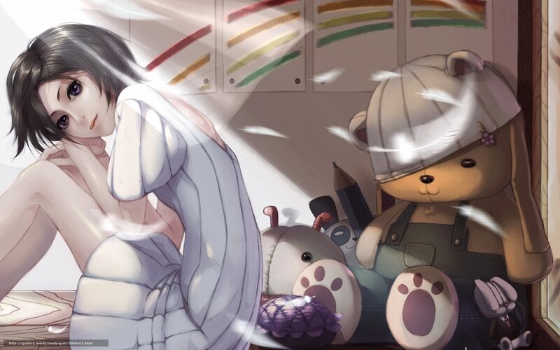Anime Girl with Stuffed Animals — White, Calm, Morning