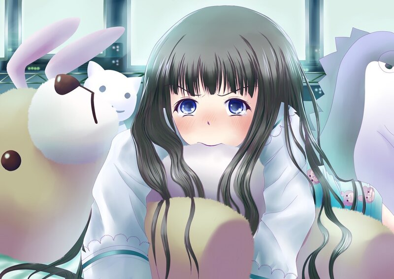 Anime Girl with Stuffed Animals — White, Calm, Stuffed Animals, Cat, Doll