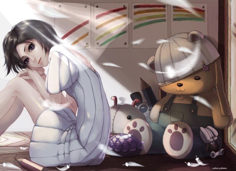 Anime Girl with Stuffed Animals — White, Calm