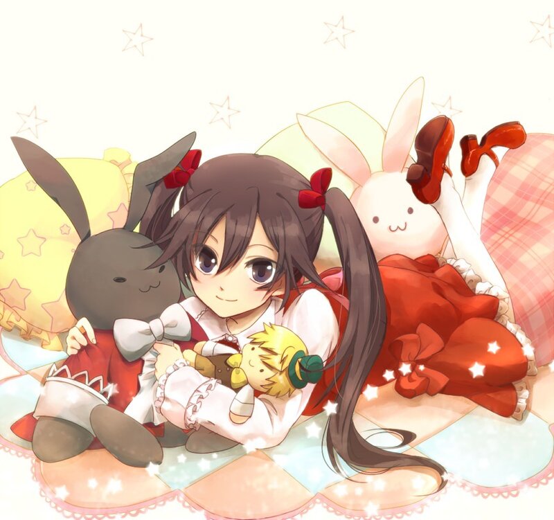 Anime Girl with Stuffed Animals — White, Peaceful