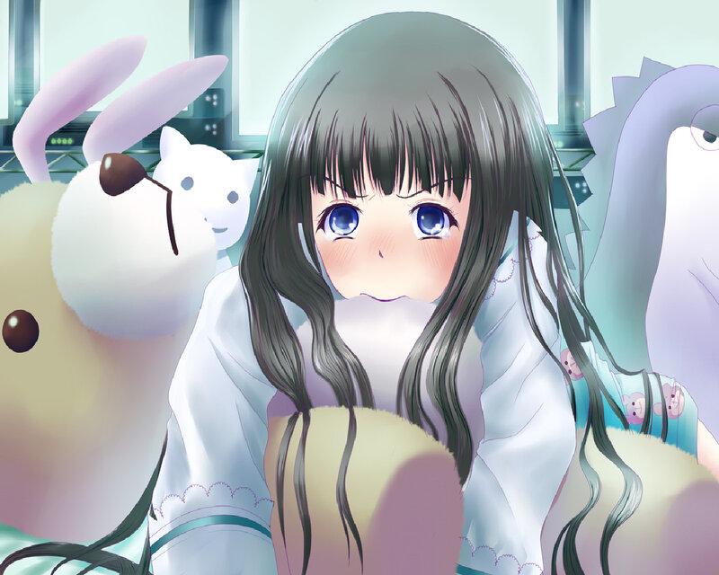 Anime Girl with Stuffed Animals — White