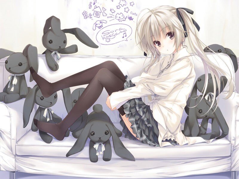 Anime girl with stuffed bunnies