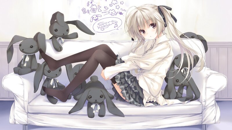 Anime Girl with Stuffed Bunnies — White, Calm
