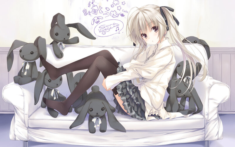 Anime Girl with Stuffed Bunnies — White