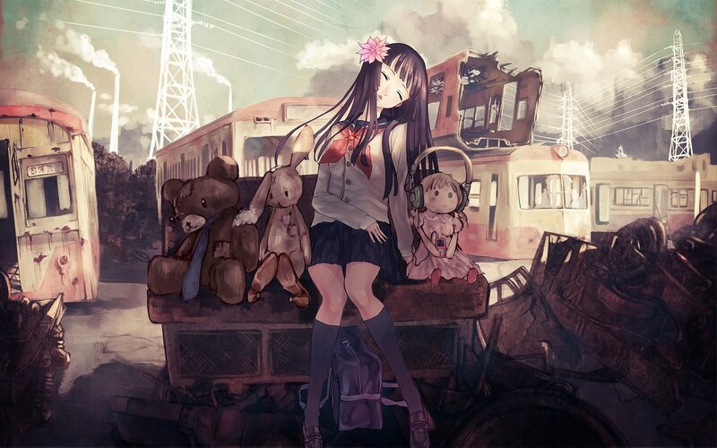 Anime Girl with Stuffed Toys — Brown