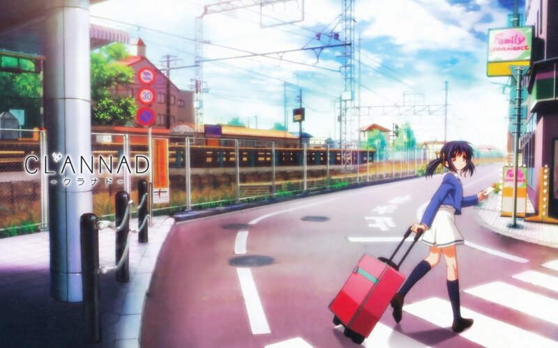 Anime girl with suitcase at train station