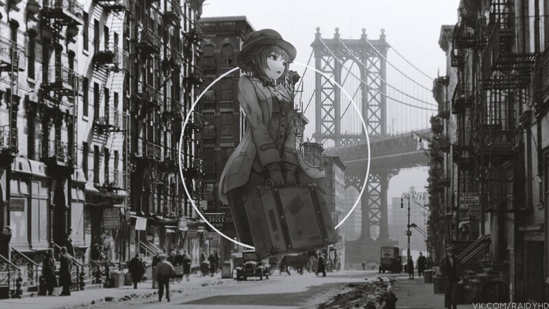 Anime Girl with Suitcase — Black, Dramatic, Digital Art