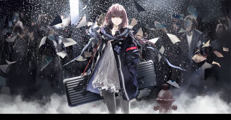 Anime Girl with Suitcase — Black, Dramatic, Night, Digital Art