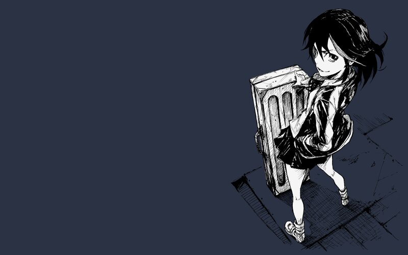 Anime Girl with Suitcase — Black, Dramatic, Night