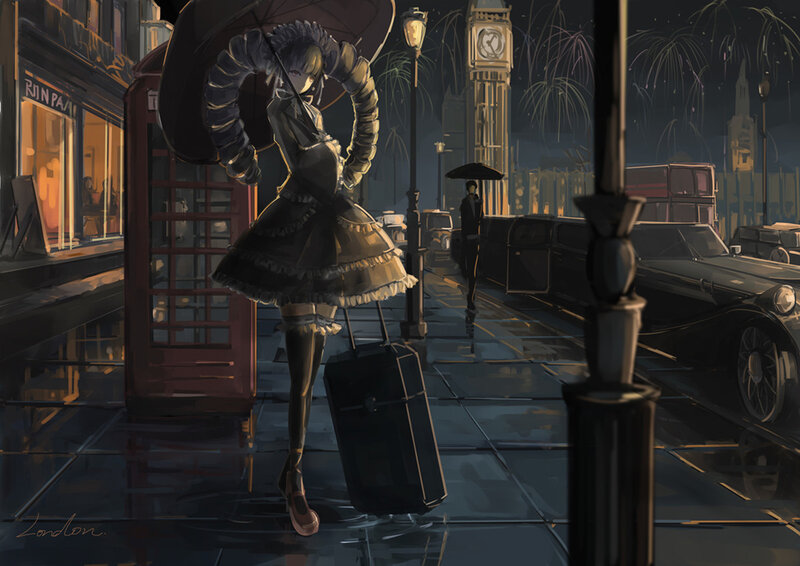Anime Girl with Suitcase — Black, Dramatic
