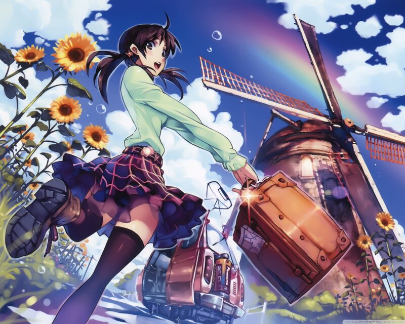 Anime Girl with Suitcase — Blue, Cheerful, Afternoon, Sunflowers