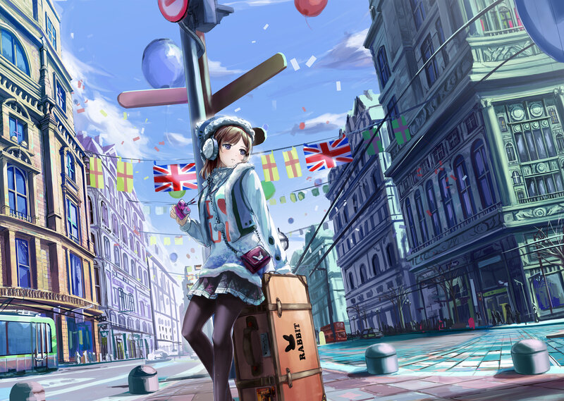 Anime Girl with Suitcase — Blue, Festive