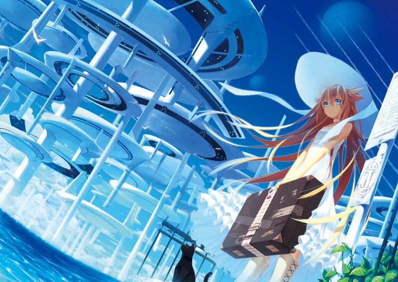 Anime Girl with Suitcase — Blue, Serene, Afternoon, Digital Art, Cat