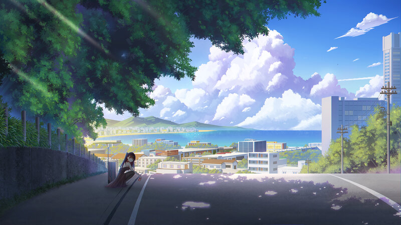 Anime Girl with Suitcase — Blue, Serene, Afternoon, Digital Art, Cityscape
