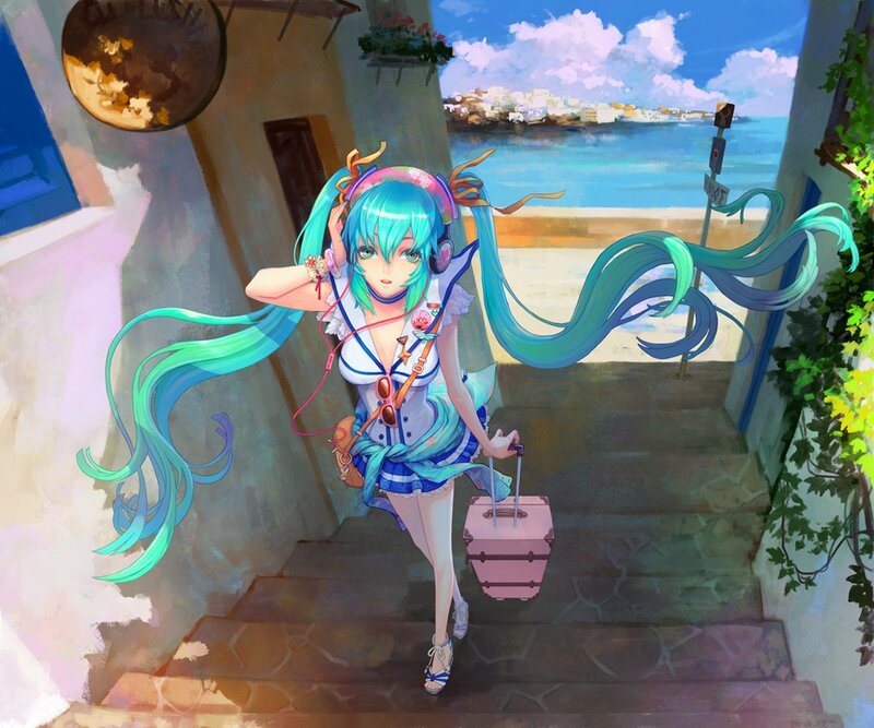 Anime Girl with Suitcase — Blue, Serene, Afternoon, Digital Art