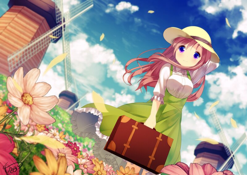 Anime Girl with Suitcase — Blue, Serene, Afternoon, Digital Art, Windmill
