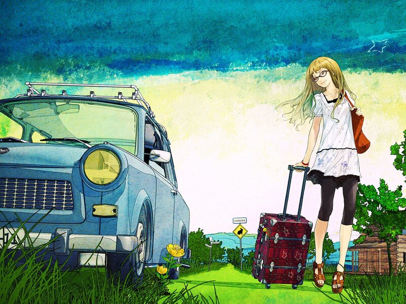 Anime Girl with Suitcase — Blue, Serene, Afternoon, Illustration