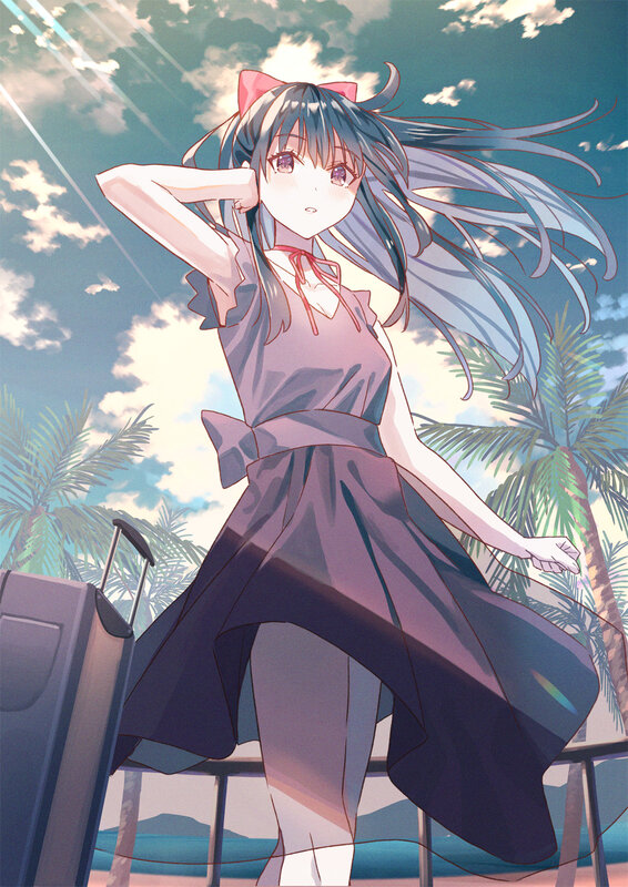 Anime Girl with Suitcase — Blue, Serene, Afternoon, Palm Trees