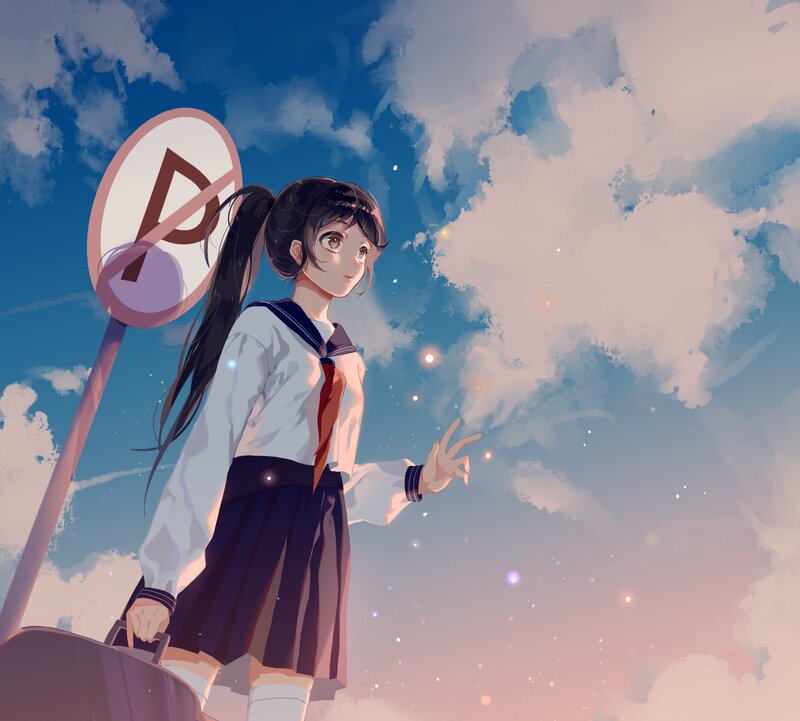 Anime Girl with Suitcase — Blue, Serene, Sunset